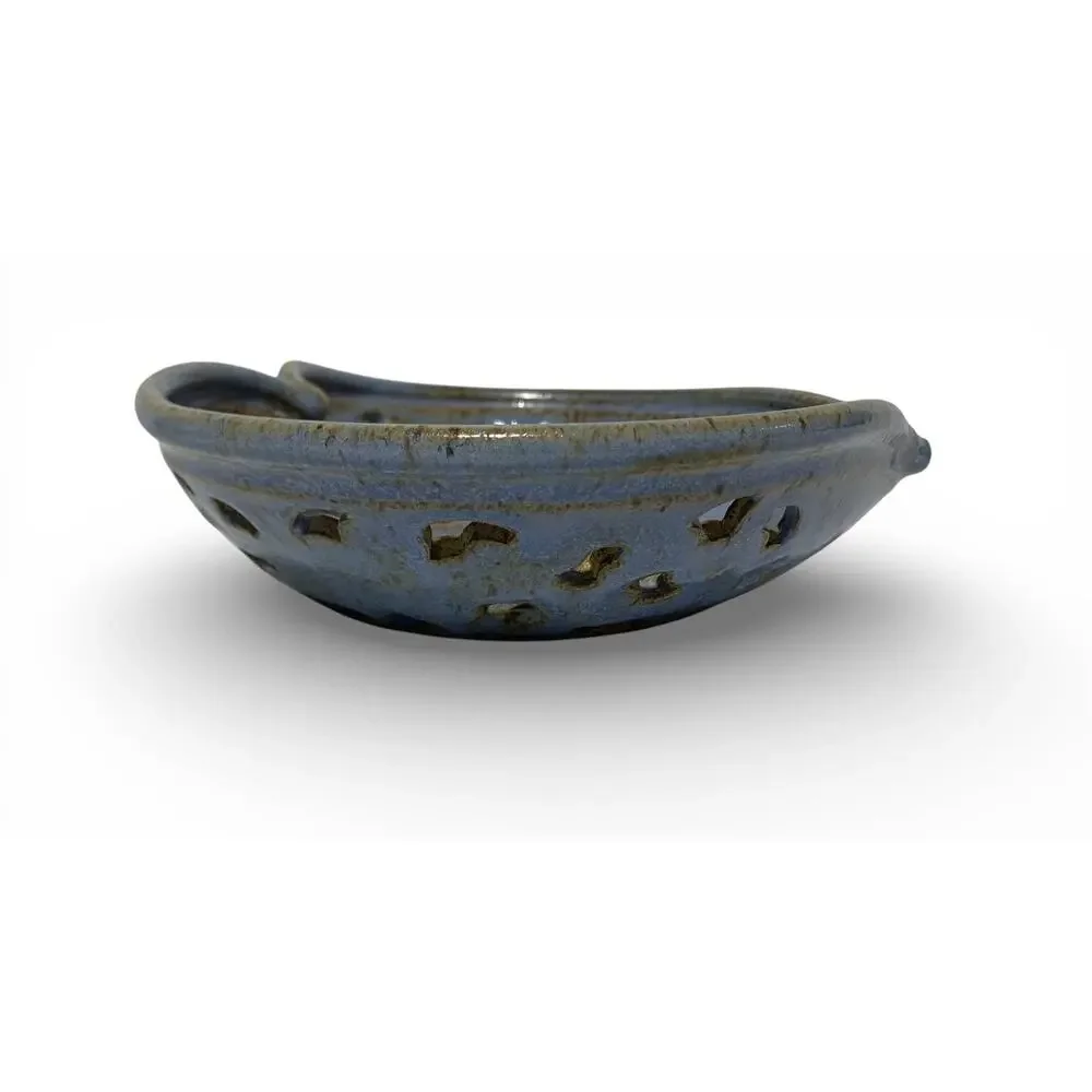 Kathy Veverka Handcrafted Pottery Heart Bowl Blue wPink Accents 8.25x7.5 Concave